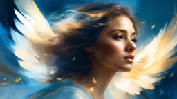 Fairytale Double Exposure. Close-up portrait of a Dove Woman in flight, Soft, warm light illuminates her, HyperDetailed, realistic painting style reminiscent of Pino Daeni, Jeremy Mann and James Gurney. Soft, golden lighting with subtle shadows. High contrast, 16k resolution. Blue hues, Fine art, realistic, with abstract vector fractal elements in the background, evoking a sense of zentangle-inspired, fairytale wonder. Delicate, soothing colors with subtle 3D shadows