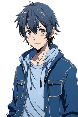 dark blue haired firm anime boy in a jean jacket