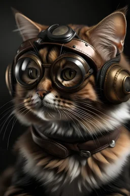 a portrait of a tortoiseshell cat with aviator's helmet and goggles