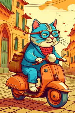 Cute chubby cat wearing glasses, a shirt and pants, riding a scooter through the colourful baxars of india. The cat is on his way to the office.