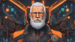 Body part machine Old man, beard, Bald hair, in solo leveling drawing , neon, intricate details, highly detailed, high details, detailed portrait, masterpiece,ultra detailed, ultra quality