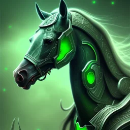 A beautiful portrait of a cyborg horse green color scheme, high key lighting, volumetric light high details psychedelic background