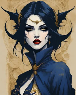 Poster in two gradually, a one side malevolent Goth vampire girl face illustration by <John Kenn Mortensen> and other side female Andalusian sorceress painting by <Yoji Shinkawa>, darkblue and gold tones,