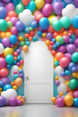 A (((door balloon digital backdrop with clouds rainbow))), where colorful balloons form a ((vibrant clouds wall)) that stands out against a modern, ((digital background)), Renaissance