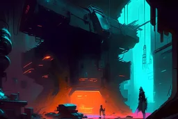 Techno bunker, digital artwork, futuristic, dark atmosphere, neon lights, cyberpunk aesthetic, detailed textures, sci-fi concept, art by Peter Mohrbacher and Syd Mead, trending on ArtStation.