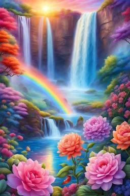 ufo rainbows, beautiful gardens , flowers, cascades