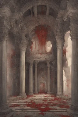 Broken temple with the floor covered in blood, detailed painting