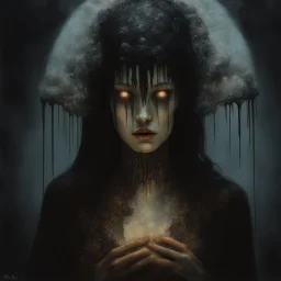 Cinematic portrait of a woman with a votive wax torso melting, cosmichorror, ooze drips, encaustic, necromancy, spotlit, bright tones, detailed, very detailed face, art by franz stuck, art by sungmoo heo, art by grace aldrich, art by tom bagshaw, art by natalie shau,