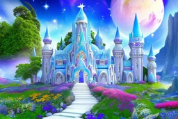 fairy and cosmic landscape with blue grass, magic plants, sky with light and stars. fairy white little castle with diamond. a big with bright spaceship with light