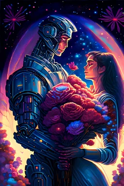 an android man gives a bouquet of flowers to a beautiful human woman, in 90's anime style, an android man in love and a human woman, extremely detailed painting, lots of stars, space, beautiful glowing, centered, symmetry, painted, intricate, volumetric lighting, beautiful, sharp focus, ultra detailed, in the style of dan mumford and marc simonetti, astrophotography, 8k resolution