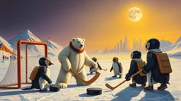 oil painting of Charlie Chaplin as two unstable constable keeper polar growlar bear standing in the goal, on the planet of Ceres, with some penguins with hockey masks and backpacks smacking large pucks so we can see its trail, and playing hockey on frozen lake with astronauts, in front of ice megapolis, with yellow, purple sky
