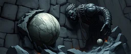 epic fantasy illustration, black giant throwing pushing marble stone ball sculpture into wall