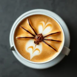 close up top-down view of a latte with a Gigeresque spider formed in the milky foam, professional photography, looks like an advertising campaign photo, delicious