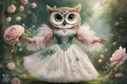 an anthropomorphic, owl bride happily throwing a bouquet in a beautiful garden. The owl has fluffy feather in shades of light brown and grey with distinct tabby markings on its face. Its large, expressive eyes are a deep emerald green and it has a small, pink nose. The owl is wearing embroidered white lace bride dress, tulle, gemstones, pearls, adorning the hem and bodice. Behind her, a celebrating crowd, owls and people dressed in elegant clothes, wedding food and cake on the tables. Behin