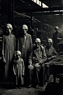 1900's black and white vintage photo, interior, working (alien) organ manufacturing factory warehouse, unhappy and angry,stange long grey alien human hybrid creature with a family that is super sad, captured on square format film, grainy brown, aged, old men depressed, tired