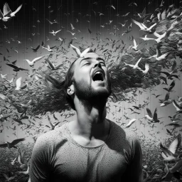 A black and white image of a man screaming with his eyes covered. His head is surrounded by a flock of birds, professional camera (zoom), Canon EOS R5, edge lighting, cinematic lighting, translucency, extrusion and gradient value change, specular attenuation and contrast, strong ambient occlusion overlay, depth parallax, photorealistic, 4K, 3D, realism, hyperrealism, macro detail and clear texture, good lighting, detailed texture, modern photography style, 3D, 4D, 4K --2:3