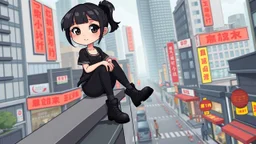 one cute weird emo style detalied cartoon girl with dark eyes, dark hairstyle, black jeans , black make up, and black boots. she sittings on upstairs and she no smiles, background a cartoon modern downtown city , office buildings, no Chinese subtitles on buildings, wide streets, markets, full body, digital art, detalied, illustration.