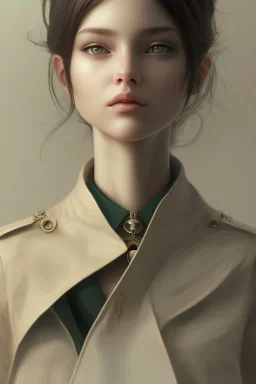 upper body portrait of a young girl from final fantasy live action, with short black hair and green eyes in a tan trenchcoat over a white shirt, award winning, masterpiece digital painting by greg rutkowski, alex grey, artstation, 4k wallpaper