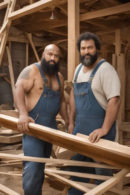 half figure shot photography of TWO ugly 39 year old stocky big chubby robust burly marocan carpenters close embraced, dirty,, wearing bulging overalls, shirtless, manly chest, serious, very virile, long beard, curly hair,, , in a sunny construction work area, photorealistic , photorealistic