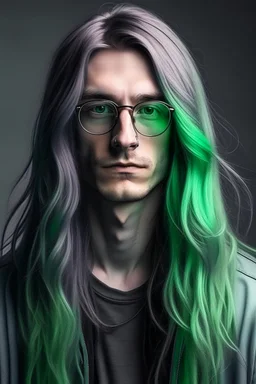 Alien male, with unnatural colored long hair. Soft style with glasses