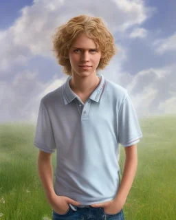 full length photograph of a beautiful 12 year old boy with long, blonde curly hair and light blue eyes, smiling, standing on a green hill in summer, highly detailed, smooth, photorealistic, HDR