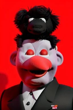 Waist up muppet Portrait, Kim Jong-un muppet doll, black suit, photo studio, red background, unreal engine 5, concept art, art station, god lights, ray tracing, RTX, lumen lighting, ultra detail, volumetric lighting, 3d.