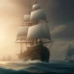 photo of a ultra realistic sailing ship, dramatic light, pale sunrise, cinematic lighting, battered, low angle, trending on artstation, 4k, hyper realistic, focused, extreme details, unreal engine 5, cinematic, masterpiece, art by studio ghibli, intricate artwork by john william turner