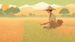 Rice field，Trees，Warm color palette，Animation，A lovely grasshopper，People who work