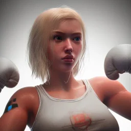 Cyberpunk blonde girl boxing in the ring unreal 5, octane render,cinema4d, dynamic lighting, 8k, redshift render, highly, hyperrealism ultra detailed, hyper realistic.