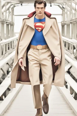 Superman on a winter fashion runway with moderna clothes inspired by Superman style, embroidery elegante fashion beige tones