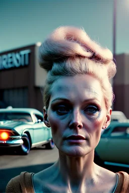 Ultra Realistic retro sci-fi, Supermarket parking scene, 1960 year, blonde woman, sweet young Juliane moore face, x ray lights eyes, face makeup, tight latex coat, levitating cars, many panic people, Retro sci-fi style, soft color, highly detailed, unreal engine 5, ray tracing, RTX, lumen lighting, ultra detail, volumetric lighting, 3d, finely drawn, high definition, high resolution.