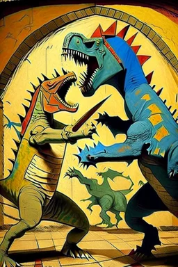 Dinosaur fight Picasso style