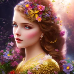 bright fairy, beautiful portrait, flowery landscape