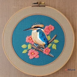 exquisite kingfisher in embroidery hoop, intricate, highly detailed, linen and wood backdrop