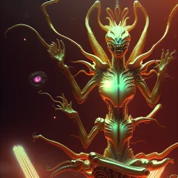 masterpiece poster of glistening elegant queen empress xenomorph alien meditating lotus position, inside ominous glowing alien temple shrine. in the style of aliens, by weta workshop, james cameron, h. r. giger, beautiful octane render, extremely intricate, epic composition, cinematic lighting, , trending on artstation, cinematic dramatic atmosphere, matte painting