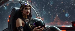 portrait of space gypsy bloodsucker in avid space craft, unearthly beauty nature dreamlike, sexy one, holding her helmet in lap, goa trance halloween glam rock soul opera, explorer new frontier, meeting with two new races beyond our star system