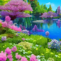 enchanted forest, blue lake,delicate flowers, pink tree, Swrosvsky crystals, cascades, full of details, smooth, bright sunshine，soft light atmosphere, light effect，vaporwave colorful, concept art, smooth, extremely sharp detail, finely tuned detail, ultra high definition, 8 k, unreal engine 5, ultra sharp focus