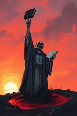 zombie priest being sucked down into a tar pit at sunset only head and one arm above the tar, raising an arm holding a bible, modern stylish oil painting, by Ted McKeever style, by Zdzislaw Beksinski, ink wash mind-bending illustration, dark shine, by VS Gaitonde