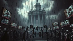 a corrupt government looms above, pulling the strings of hundreds of marionettes dangling below it, the news media broadcasts the marionettes' suffering on screens everywhere, dystopian, horror