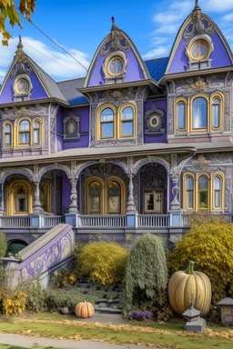 A grayish purple mansion with pumpkins designed in German folk art painted by Vincent van Gogh