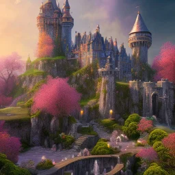 8K realistic dreamscape with magical castle, Cascades of bright flowers,