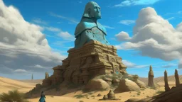 A digital painting shows a desert landscape with the ruins of a giant statue. The statue lies on its side, its head to the left. It is made of cracked and eroded stone. The desert is sandy, with dunes and pyramids in the background. The sky is blue and there are clouds. The painting is realistic, with a focus on detail and texture. The color palette is primarily composed of browns and yellows, with some blues and grays. The lighting is soft and diffused, creating a sense of peace and tranquility