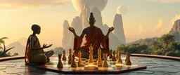 alien levitating yoga monk chess masters playing serious glowing chess on hex map in lounge on beautiful lush planet with huge pieces