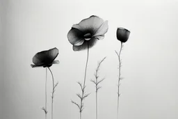Minimalist ink pencil and charcoal drawing of poppies