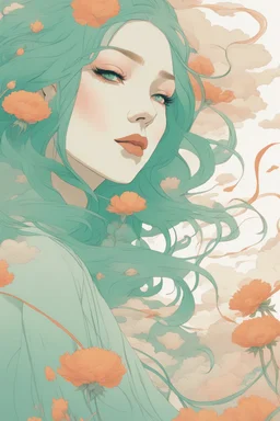 wind blowing from below, portrait of beautiful woman with green hair, loose lines, flowers, smoke, pastel orange and pastel blue, sense of liberation, concept art, art by james jean, takato yamamoto, 4k, concept art, illustrative