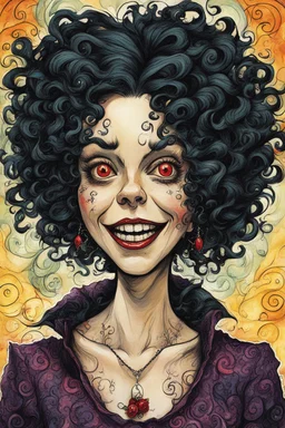 a cartoon illustration of a schizophrenic curly black haired vampire girl , in the cartoon style of Lynda Barry , Ernie Pook's Comeek, vibrant natural colors, , museum quality masterpiece