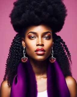 A portrait of a beautiful black woman, with long black curly hair, purple eyes, wearing a red scarf, black dress, standing in field