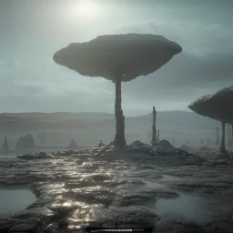 an anomalous planet with large floating pillars and a bleak stony ground