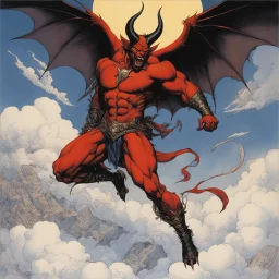 [art by Michael Kaluta] a fleshy-skinned male devil emerged, his presence commanding respect and fear in equal measure. Flying high above the clouds, the devil let out a thunderous roar that reverberated through the sky, his muscular form exuding a raw, primal power that sent shivers down the spines of the Winkie Guards below.