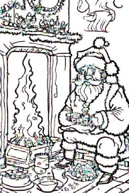 Christmas coloring page with Illustrate a scene with Santa enjoying a plate of cookies and a glass of milk left for him by the fireplace., a bold ink line sketch drawing illustration.